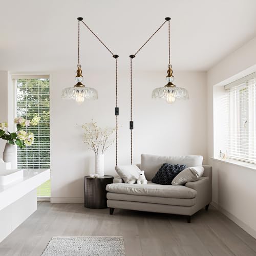 Plug in Glass Pendant Light Fixture Brass Vintage Adjustable Chandelier Brushed Gold Hanging Ceiling Light for Farmhouse Hallway Bedroom Foyer Kitcken Dining Room Island