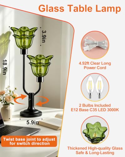 Green Mid Century Modern Flower Table Lamp for Bedroom Dimmable