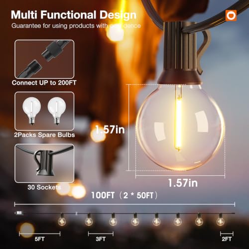 100FT Outdoor String Lights G40 LED Remote Dimmable Waterproof