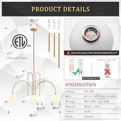 Modern 40" 6 Light Gold Sputnik Chandelier with Milk Glass Globe