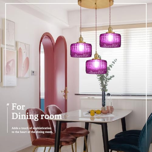 3 Light Glass Globe Chandelier Kitchen Island Mid Century Modern Ceiling Pendant Light Purple Striped Shade Gold Hanging Lights Fixture Multi Light Cluster Chandeliers Dining Room