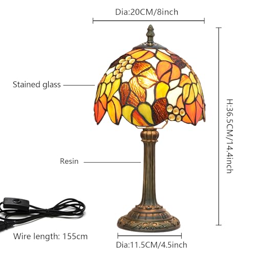 Tiffany Stained Glass Table Lamp Orange Grape Bedroom Bedside Reading Desk Light for Office Dormitory Bar Decorate Retro Style Unique Cute Accent Decor Cottage 8" Village Nightstand Lamps