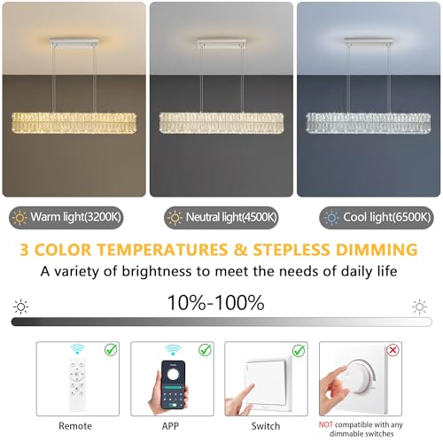 40 Inch Glam Crystal Chandelier Modern Dimmable Crystal Chandeliers LED Rectangular Ceiling Light Fixtures for Dining Room Living Room Silver