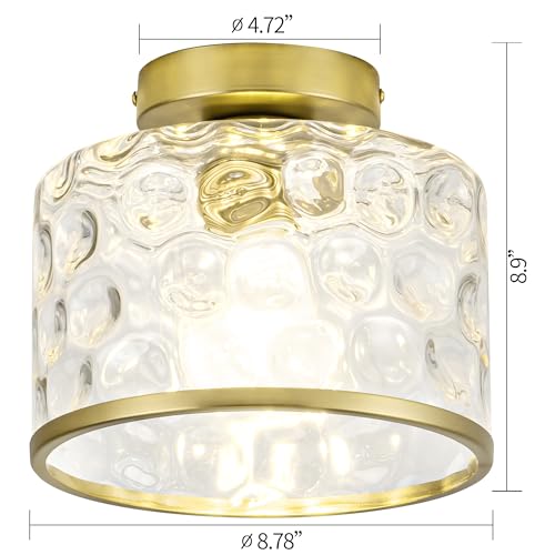Gold Flush Mount Ceiling Light with Clear Hammered Glass lampshade