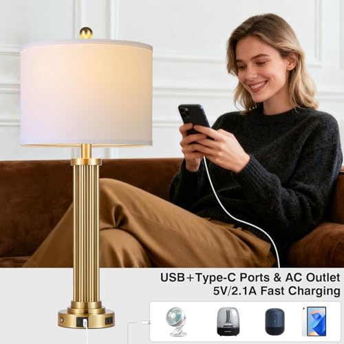28" Tall Modern Table Lamp with USB C+A Ports and AC Outlet