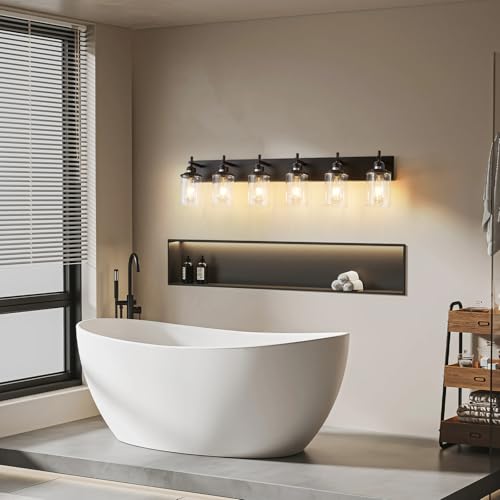 6 Light Black Bathroom Light Fixture Over Mirror Modern Farmhouse Bathroom Vanity Light Vintage Wall Lighting with Clear Glass Shade for Bathroom