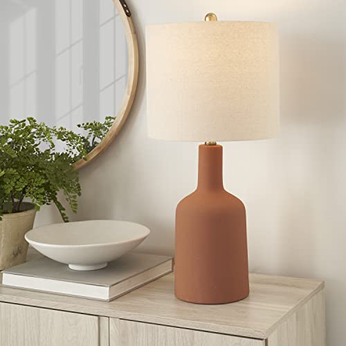 Home 22" Terracotta Orange Ceramic Table Lamp with Oatmeal Linen Shade for Modern Farmhouse