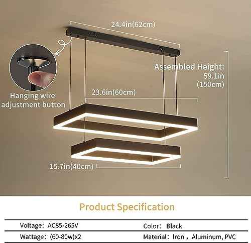 Modern Chandeliers for Living Room, 2-Ring Rectangles Pendant Light Kitchen Island Fixtures, Dimmable LED Chandelier for Dining Room Bedrooms, Black (40CM/60CM)