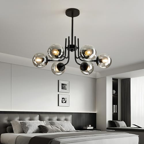 6 Light Glass Globe Sputnik Chandeliers Modern Matte Black Ceiling Light Fixture Semi Flush Mount Ceiling lamp for Living Room Dining Room Farmhouse Bedroom Kitchen