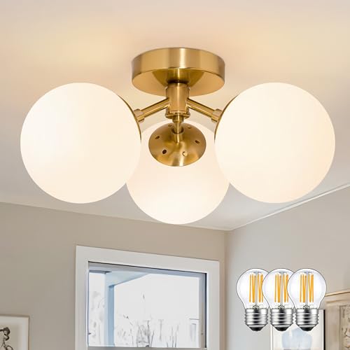 3 Light Mid Century Modern Gold Globe semi Flush Mount Ceiling Brass Chandelier 3