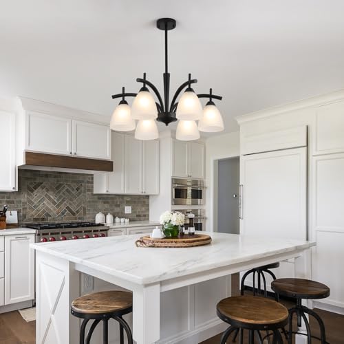 Modern Farmhouse Black Frosted Glass Chandelier Rustic Kitchen Light Fixtures 6 Lights for Dining Room Living Room Foyer Entryway Bedroom UL Listed D25.6 Inches