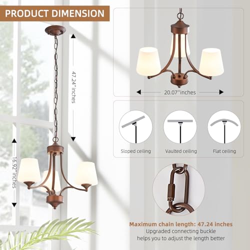 3 Light Oil Rubbed Bronze Chandelier for Dining Room Farmhouse Pendant Light Fixture with Frosted Glass Rustic Ceiling Lighting Modern Hanging Lamp for Kitchen Island Entryway (3 Count)