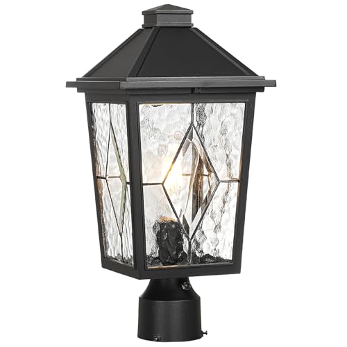 Dusk to Dawn Lamp Posts Outdoor Lighting Waterproof Outdoor Post Lights Hard Wired with Hand‑soldered Glass 14 Inch Height Black Pole Light for Garden Yard Patio Pathway E26 Socket
