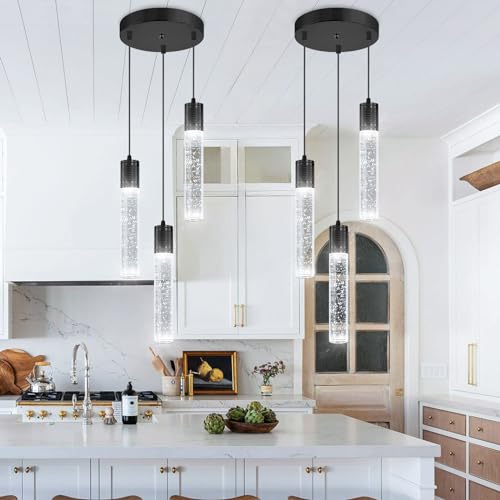 3 Lights Pendants Light for Kitchen Island Chandeliers Dining Room Pendant Lighting Fixture Bubble Crystal Ceiling Hanging Lights Bedroom Island Kitchen 6000K White Light Fixtures Black