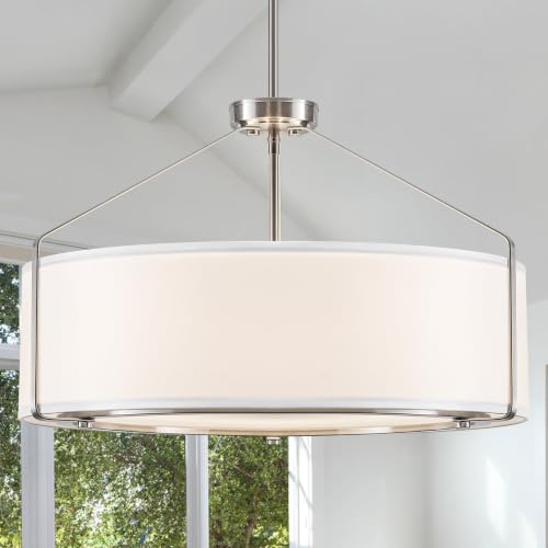 23Inch Drum Chandelier Large Nickel & White Pendant Lights for Dining Room