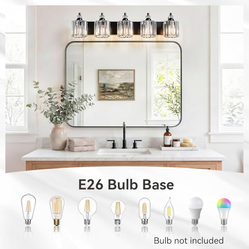 5 Light Black Bathroom Light Fixtures Over Mirror Modern Vanity Lights Crystal Wall Sconce Vintage Bathroom Lighting with Crystal Shade E26 Base for Bedroom