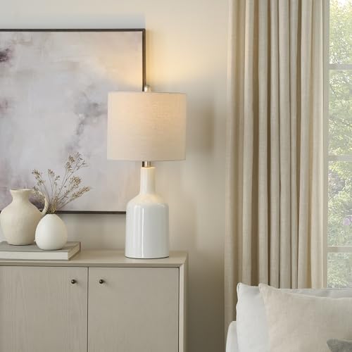 Home 22" White Glossy Ceramic Table Lamp with Oatmeal Linen Shade for Modern Farmhouse