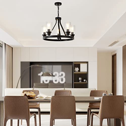 Farmhouse Chandelier Lighting Round 5 Lights Black with Glass Shade Ceiling Hanging Vintage Rustic Light Fixture for Dining Room Living Room Foyer Porch Kitchen Island