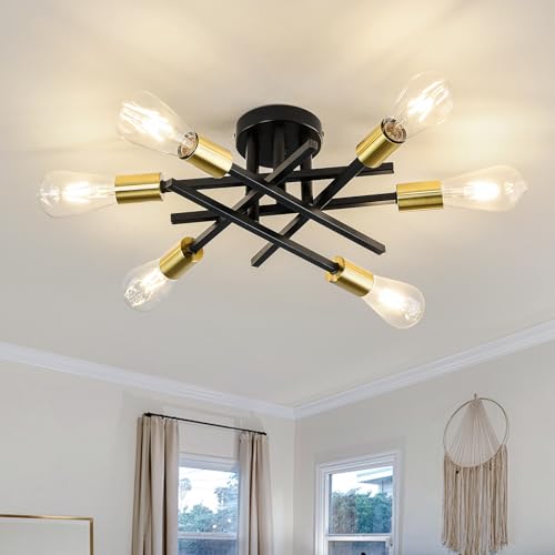 6 Lights Sputnik Semi Flush Mount Ceiling Light Fixture Modern Metal Black and Gold Chandeliers with E26 Bulb Base Close to Ceiling Light for Kitchen Dining Room Living Room Hallway Bedroom