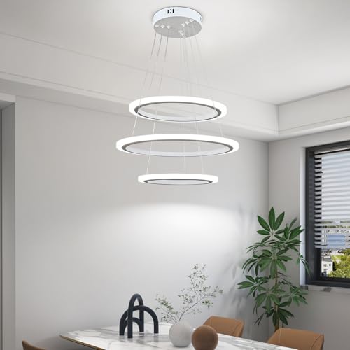 Modern LED Chandeliers White Pendant Light Fixture 3 Ring Flush Mount Chandeliers with Adjustable Hanging Cord for Bedroom
