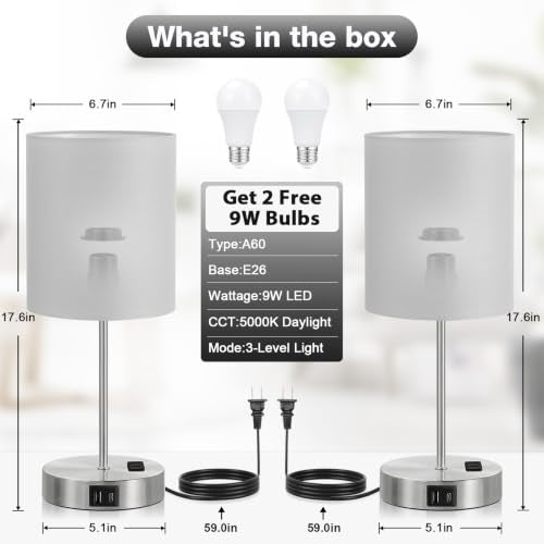 17.6" Grey Touch Lamps for Bedroom Set of 2 (2 Count)
