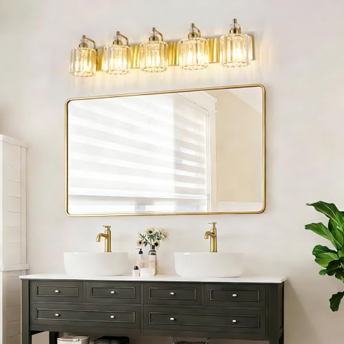 5 Light Modern Vanity Lights Brushed Brass Bathroom Light Fixtures Over Mirror Gold Bathroom Vanity Lighting with Crystal Shade E26 Base Wall Sconce for Bedroom Living Room Restroom Wall Lamp
