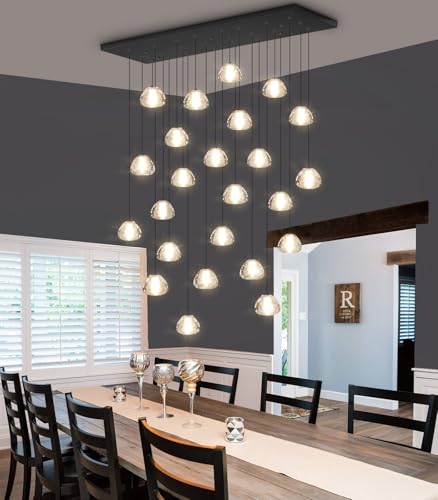24 Lights Modern Rectangular Crystal Chandelier LED Raindrop Ceiling Pendant Light Crystal Lighting Fixture for Living Room Hotel Staircase Hallway Foyer Entryway Bedroom Black