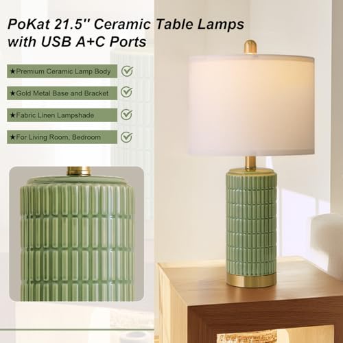 Bedside Table Lamps Set of 2 for Living Room with 2 USB Ports (2 Count)