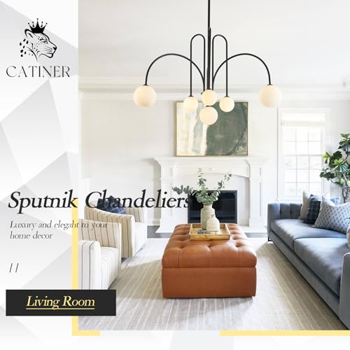 Modern 40" 6 Light Black Sputnik Chandelier with Milk Glass Globe
