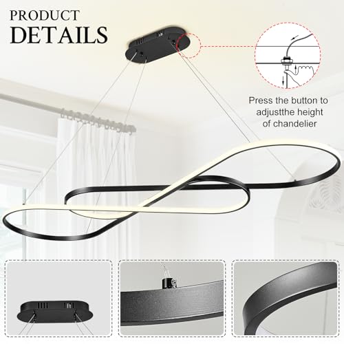 Modern LED Chandelier Black Dimmable LED Pendant Light for Dining Room Light Fixture Over Table Modern Kitchen Island Lighting High Ceiling with Remote for Living Room