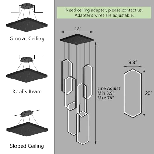 6 Rings Modern Chandelier LED Dimmable Pendant Lighting Adjust Flush Mount Ceiling Light for Foyer Lobby Living Room Staircaes Black