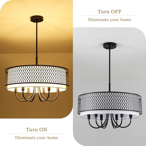 21.65" 6 Lights Large Black Chandelier with Drum White Shades