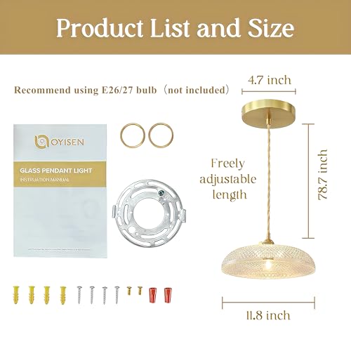 11.8″ Retro Glass Pendant Light Premium Thickened Clear Glass Shade Antique Brass Finish and Adjustable Gold Braided Cord Decorative Lighting for Kitchen Island