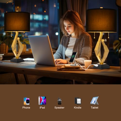 Gold Leaf Finish Table Lamp Set of 2 with USB Ports for Bedroom (2 Count)