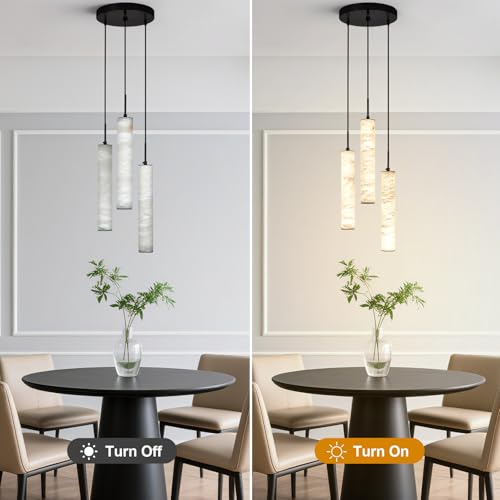 Natural Alabaster Pendant Lights for Kitchen Island White Marble Long Tube Chandelier 4000K Modern Black Ceiling Light Fixtures for Bedroom Dining Room Table Living Room Hallway