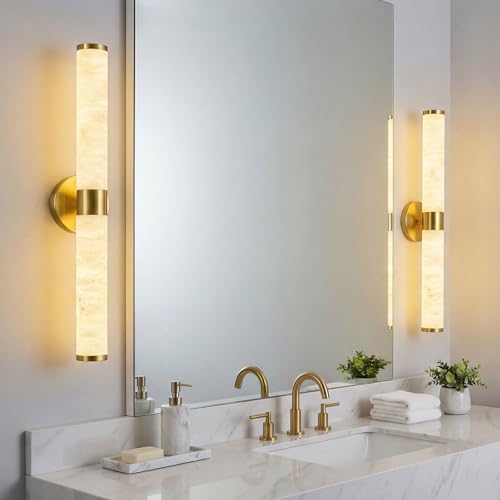 Natural Alabaster Wall Sconces Set of Two Modern Gold LED Wall Lights 24" Spanish Marble Cylinder Sconces for Living Room Bedroom Bathroom Hallway Staircase (2 Count)