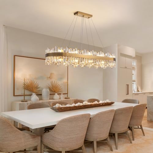 Modern Rectangular Gold Crystal Chandelier for Dining Room L52''