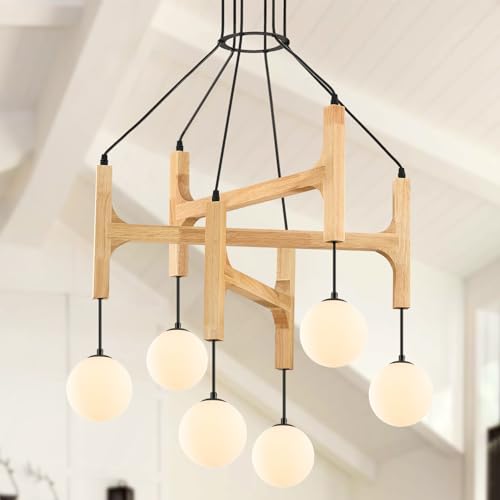 Natural 6 Light Wooden Chandelier with Milk Glass Globe L28 Inch