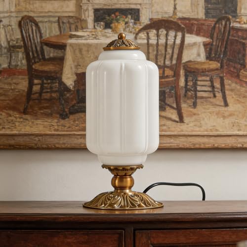 Vintage Green Milk Glass Table Lamp with Antique Metal Base
