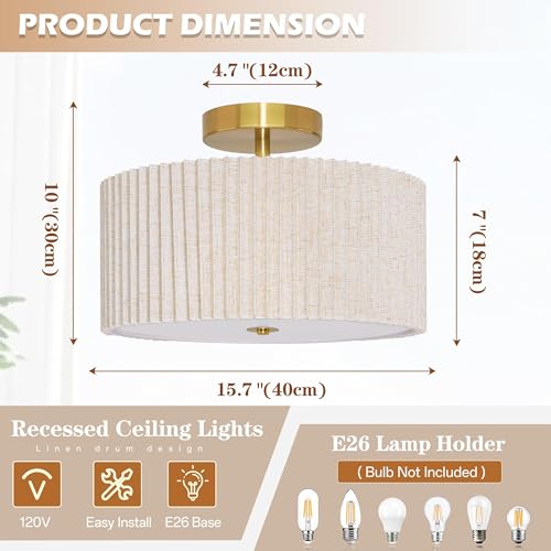 3 Light Semi Flush Mount Lights Fixture Drum Ceiling Light with Pleated Fabric Shade Gold Semi Flush Mount Ceiling Lights 16 Inch Close to Light Fixtures for Living Room Hallway