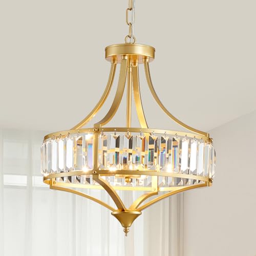 Gold Chandeliers for Dining Room Modern Round Crystal 4 Lights Rustic Pendant Lighting Fixture with Metal Lampshade for Living Room Hallway Bedroom Foyer