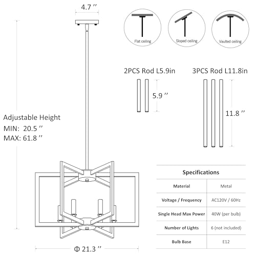 Klgxnrd 6-Light Modern Farmhouse Black Chandeliers for Entryway, Geometric Pendant Lights Kitchen Island, Hanging Industrial Metal Chandelier for Stairway Foyer Hallway Dining Room
