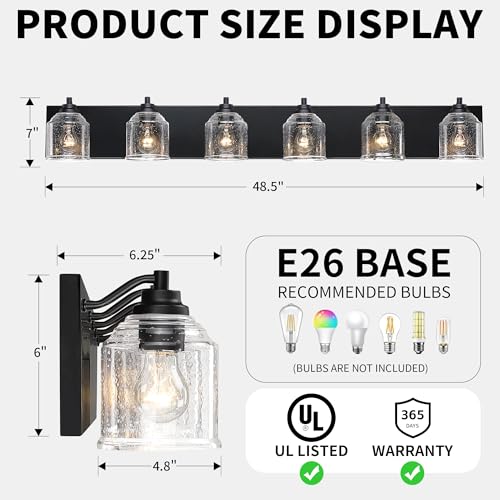 6 Light Bathroom Vanity Lights Large 48in with Bubble Glass Shades