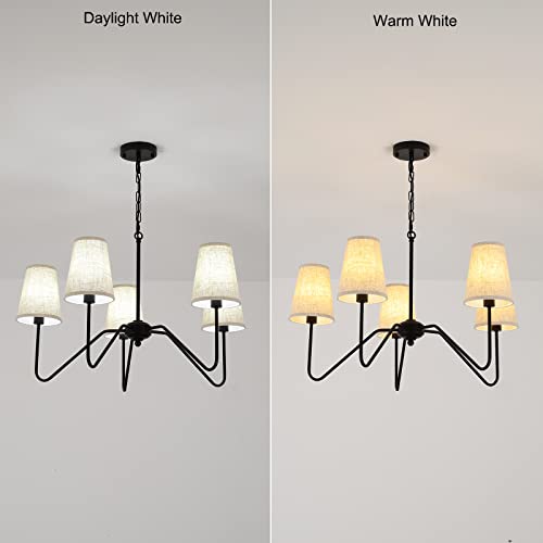 5 Arm Black Chandelier for Dining Room with Linen Fabric Shade