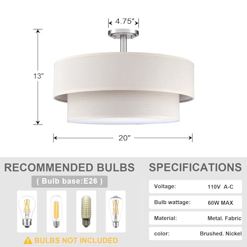 4 Light 20" Cream Fabric Brushed Nickel Semi Flush Mount Close to Ceiling Light Fixture (4 Count)
