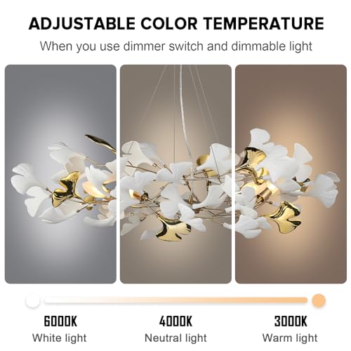 L31.5 Inch Branch Chandelier Ceramic Ginkgo Leaf Chandeliers Brass Hanging Lights Fixtures for Dining Room Living Room Kitchen Island