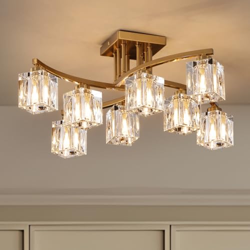 Modern Crystal Ceiling Light Fixture Gold Semi Flush Mount Ceiling Light with 8