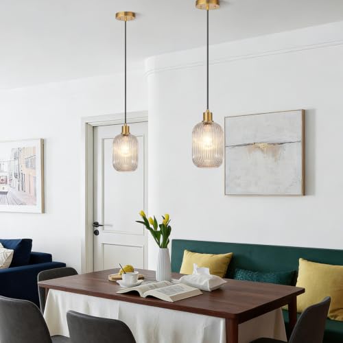 2 Pack Pendant Lights with Vintage Clear Ribbed Glass Lampshade (2 Count)