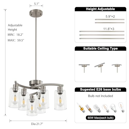 6 Light Modern Brushed Nickel Pendant Light Fixture for Dining Room