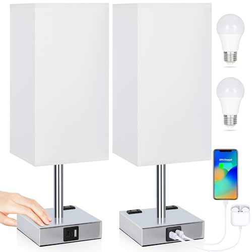Set of 2 Bedside Table Lamp 3 Way Dimmable Nightstand Lamp with USB C & USB A Charging Port (2 Count)